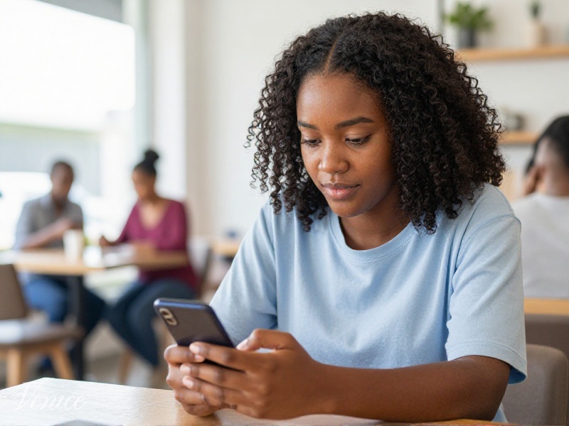 Young South African woman comparing dating apps on her phone in a Gqeberha cafe