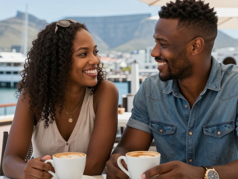 A smiling South African couple in their late twenties enjoying coffee at an outdoor cafe near the Cape Town V&A Waterfront on a bright afternoon