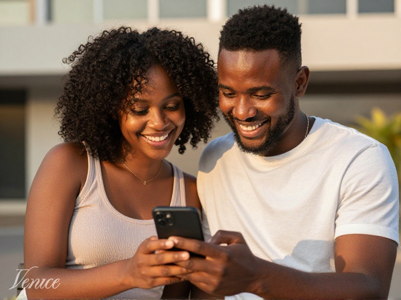 Happy South African couple smiling while looking at a phone outdoors in Durban