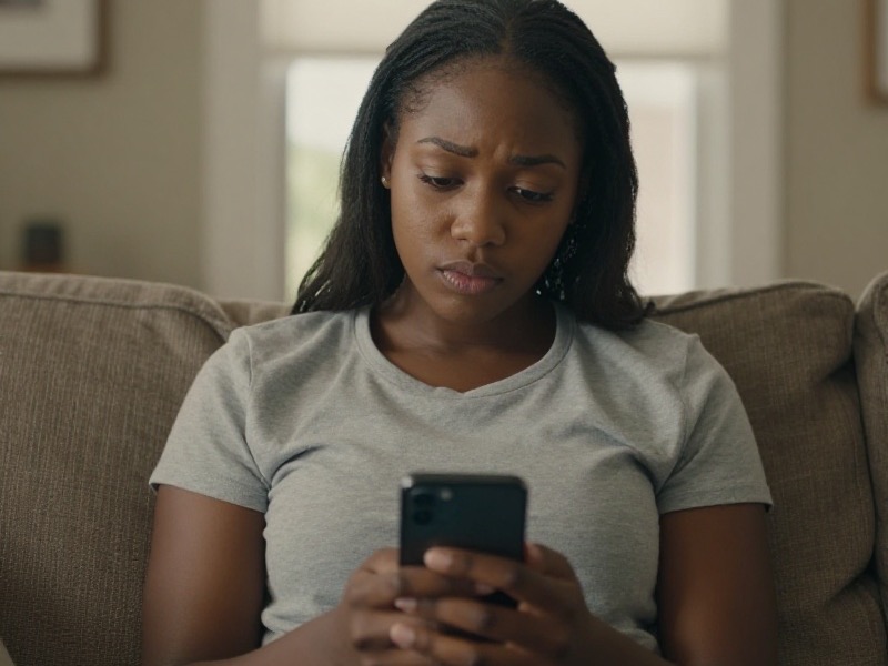 A young South African woman sits on a couch at home, looking at her phone with a resigned, thoughtful expression as warm natural light fills the room