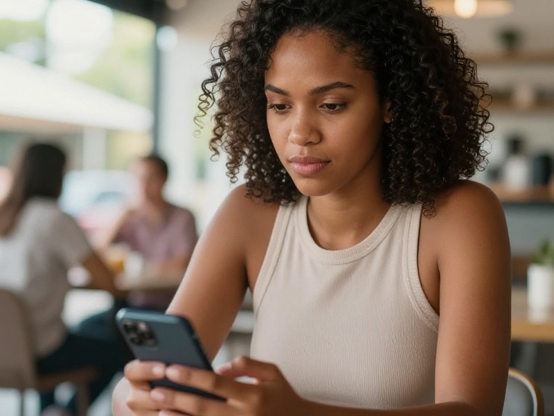 Confident young South African woman in her late twenties reviewing a dating match on her smartphone at a sunlit Durban cafe, natural daylight, thoughtful and cautious expression