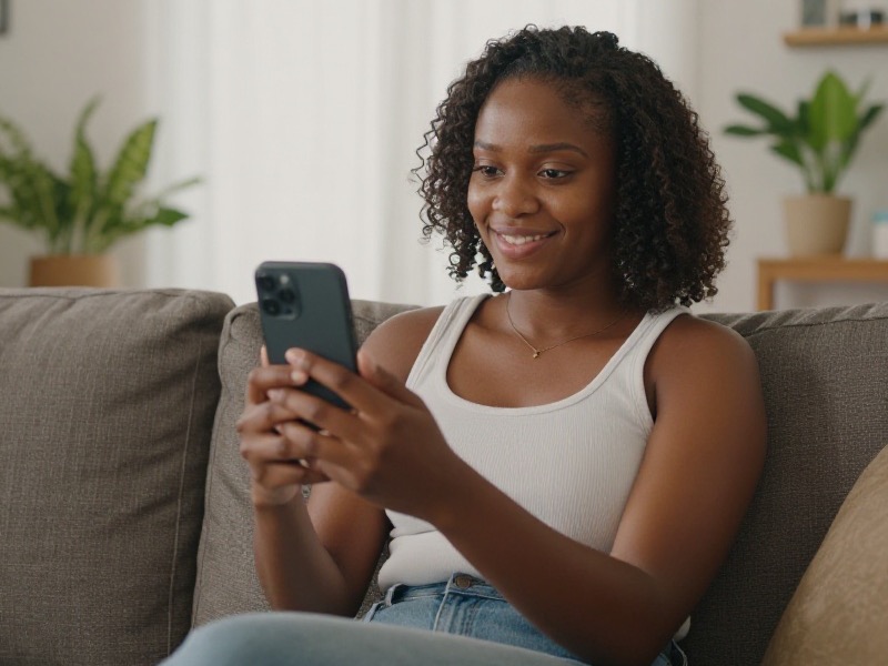 A young South African woman sits on a sunlit balcony in Durban with a coffee mug and a power bank beside her, smiling warmly at her phone during a video call with her partner in another province.