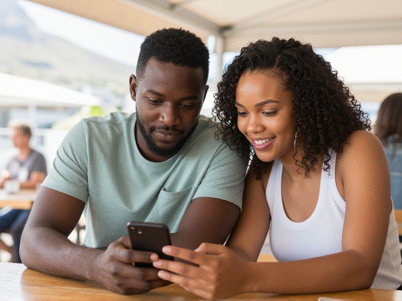 A relaxed young South African couple sitting at a sunny Cape Town café table, smiling while checking their phones together in warm daylight.