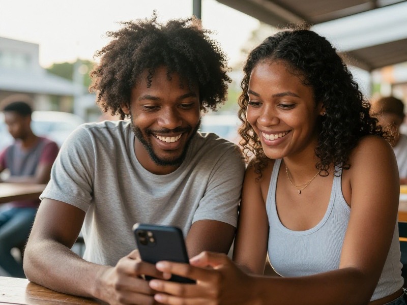 Young South African couple chatting on their phones at a sunny outdoor cafe in Durban, relaxed and smiling, soft natural daylight