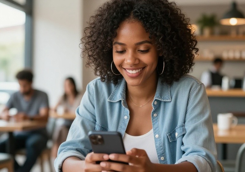 A confident South African woman in her late twenties video-calling a match on her smartphone in a sunlit Durban cafe