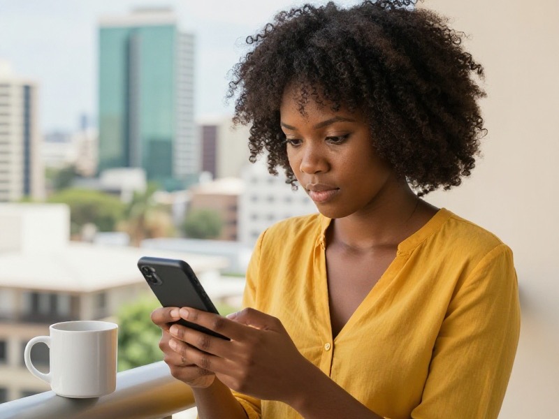 A young South African couple in their late twenties sit on a bench outside a Durban café, smiling as they compare dating app profiles on their smartphones in bright afternoon light.