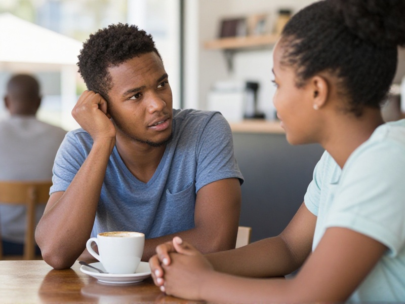 South African woman pausing thoughtfully before replying to a long emotional message in an online dating chat on her phone in the evening