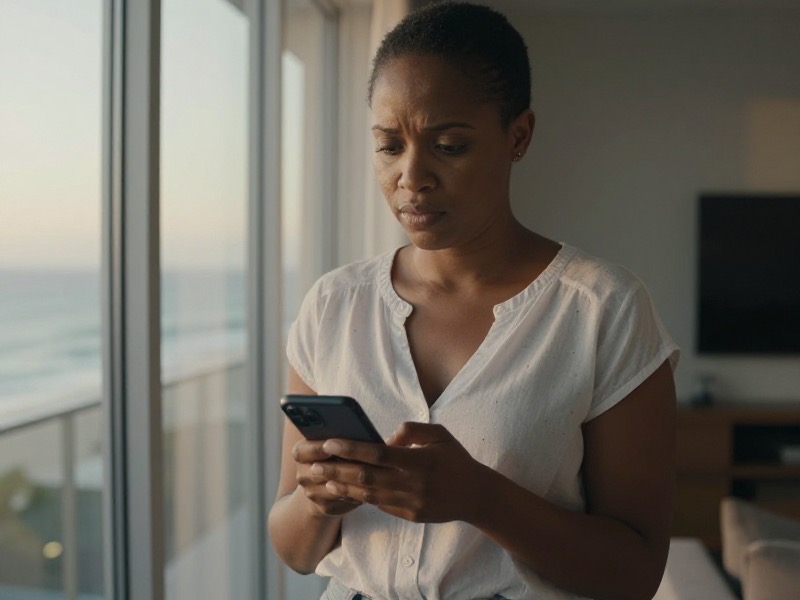 A South African woman standing by a window in a coastal apartment near Durban, frowning slightly as she reads a message on her smartphone in soft evening light