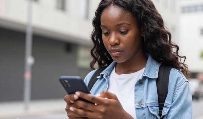 Young South African adult cautiously checking a dating message on a smartphone in a modern Johannesburg street setting, natural daylight