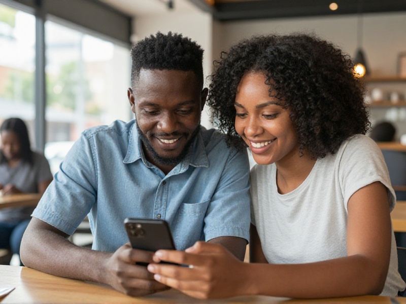 Young South African couple smiling at their phones in a modern Johannesburg cafe, warm natural daylight
