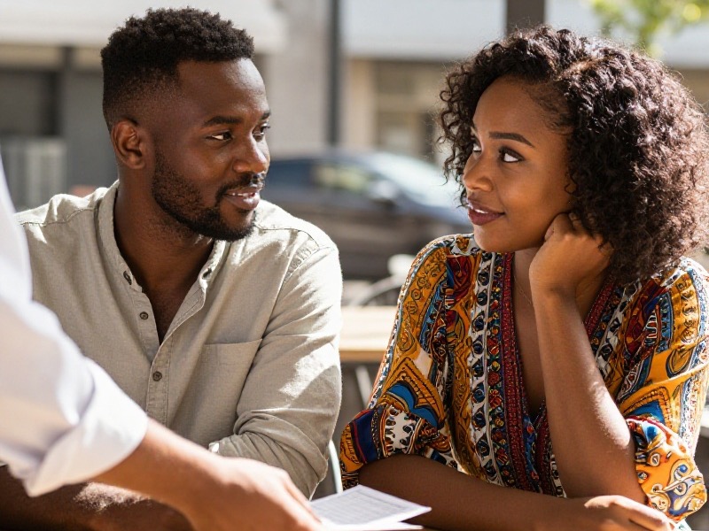 A South African couple in their late twenties sitting at an outdoor coffee shop table on a sunny Johannesburg morning, dressed in casual everyday clothes, smiling politely as a waiter places the bill on the table between them.